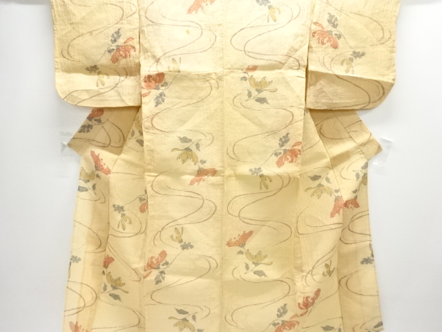 アンティーク　本場小千谷ちぢみ　流水に花模様織り出し着物